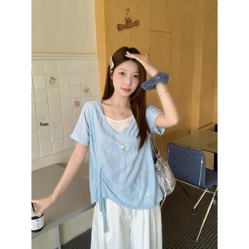 Summer 2026 Plus Size Women s Two-Piece Look Ripped Short Sleeve Slimming T-Shirt Large L