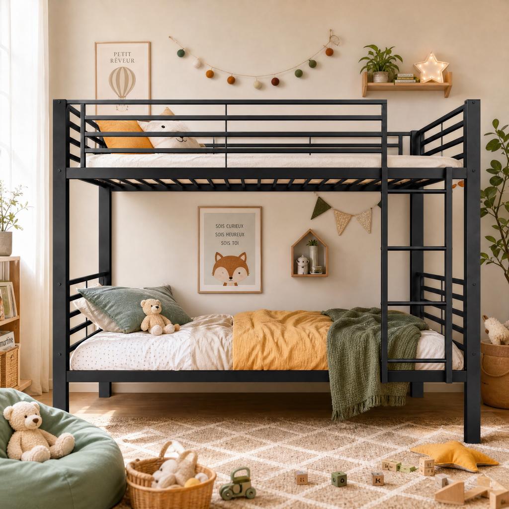 Metal Bunk Bed 90x200 Cm, Load Capacity Up To 350kg (150/200kg), Convertible To 2 Single Beds, Noise-free, Slatted Frame, Ladder Left/right, Black