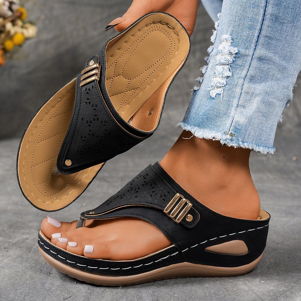 Flop Fashion Flip Thong Womens Sandals Cutout Design Soft Sole Slope Heel Metallic Embellishment Comfortable Beach Flip Flops Womens Sandals
