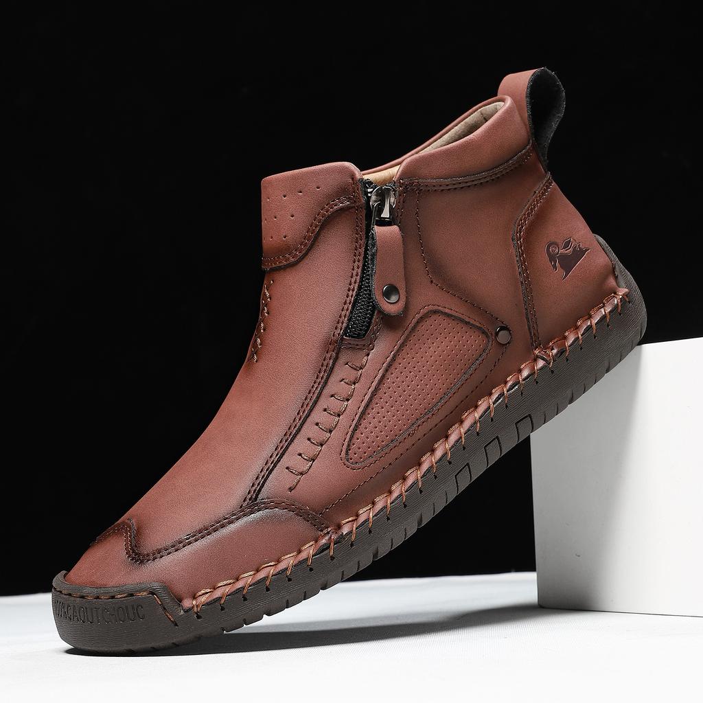 Large Size Men's Shoes Outdoor Casual Shoes Flat Bottom Hand Stitched Shoes Zipper Martin Boots Short Boots