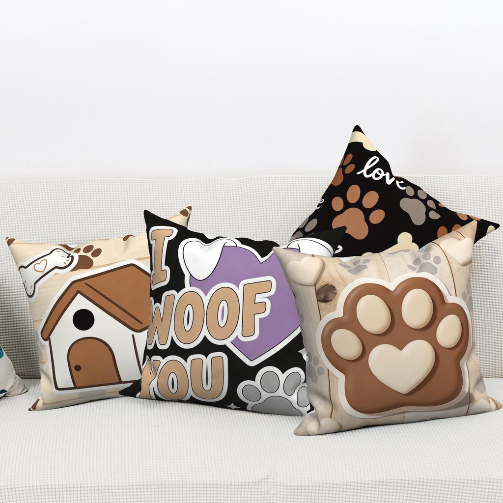 Dog Lover Pillow Covers Set Of 4, Paw Print Dog Bone Pillowcases, Polyester Linen Fabric Material For Pet Home Sofa Decoration