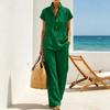 Yousheng Women Cotton Linen 2 Piece Sets Short Sleeve Button Up V Neck And Long Pants Summer Lounge Outfits with Pockets