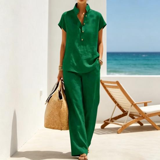 Yousheng Women Cotton Linen 2 Piece Sets Short Sleeve Button Up V Neck And Long Pants Summer Lounge Outfits with Pockets