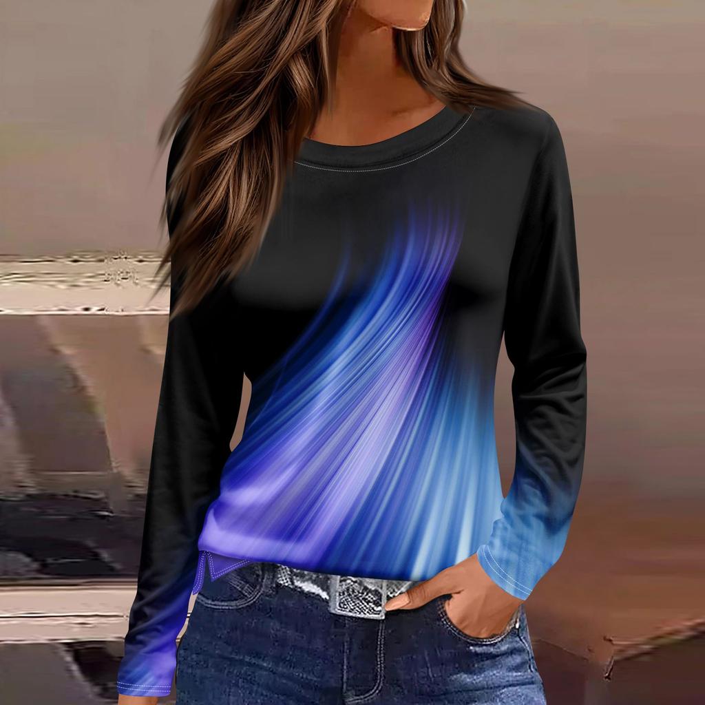 Women's Fashion Casual Slit Hem Round Neck Long Sleeve Loose  Printed T-Shirt Ladies Top