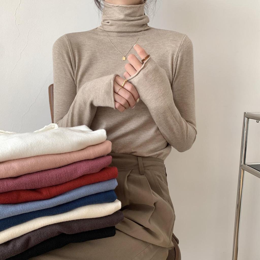 Korean Style Rolled Edge Puffy Collar Slim Fit Knit Sweater for Women