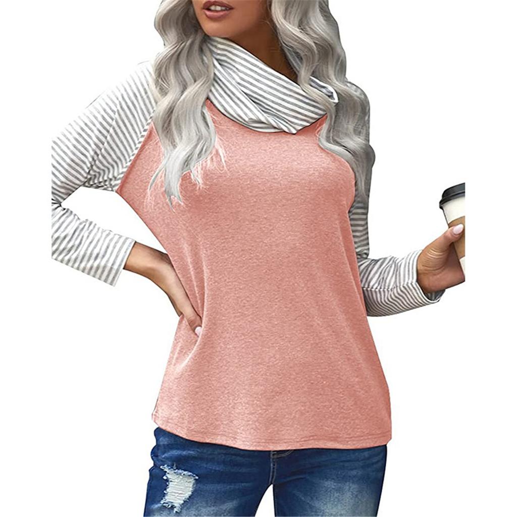 Women's Fashion Striped High Neck Color Blocking Women's Long Sleeve T-Shirt Top