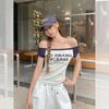 Korean One-word Shoulder Letter Printing High-end Short-sleeved T-shirt Women's Summer New Slim-fit Short Top