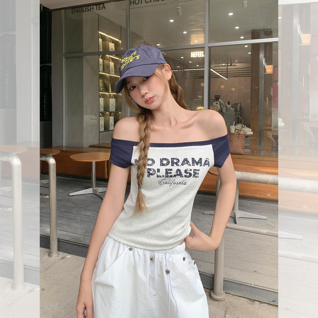 Korean One-word Shoulder Letter Printing High-end Short-sleeved T-shirt Women's Summer New Slim-fit Short Top