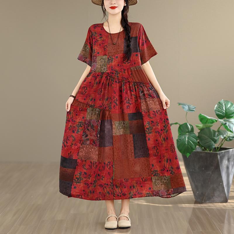 DIMANAF New 2026 Women Plus Size Spring Summer Casual Long Dress Print Red Cotton Loose Oversize Maxi Beach Sundress