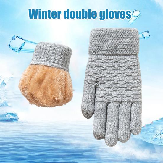 1 Pair Winter Gloves Double-layer Thickened Plush Jacquard Knitted Five Fingers Unisex Anti-slip Cold Weather Driving Golfing Skiing Skating Gloves
