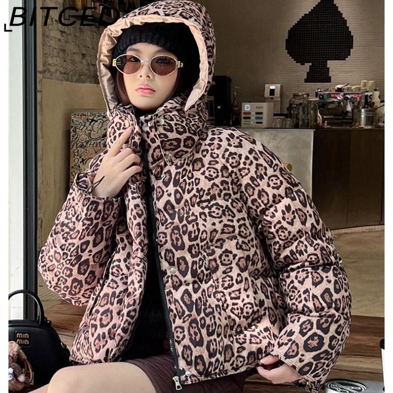 BITCED Short-Length Leopard Print Cotton Jacket for Women with Hood Minimalist Fashion Design, Oversized Fit, Unique Style Cotton Coat