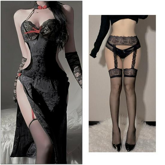 Romantické krajkové halter cheongsam spodní prádlo - Sexy, průsvitné svádění A353