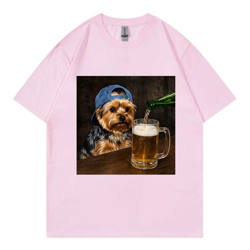 Yorkie Drinking Beer Funny Meme Graphic T Shirts Summer Casual  Short Sleeve T-shirtWomen Fashion O-Neck T-shirt