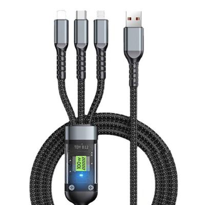 Cabo de carga USB 3 em 1 Micro USB Tipo C 66w Cabo divisor Carregamento rápido Cabo de dados múltiplos com tela transparente