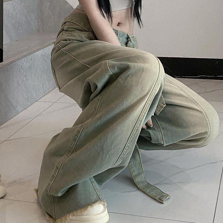 Women's Retro Washed High-Waist Wide Leg Jeans - Distressed and Slimming Style for Spring & Autumn