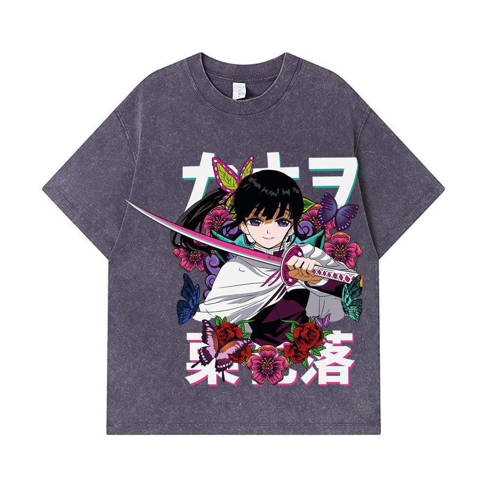 275 GSM Washed T-shirts 100% Cotton Demon Slayer V99 Kanao Print Unisex Heavy Cotton T Shirt
