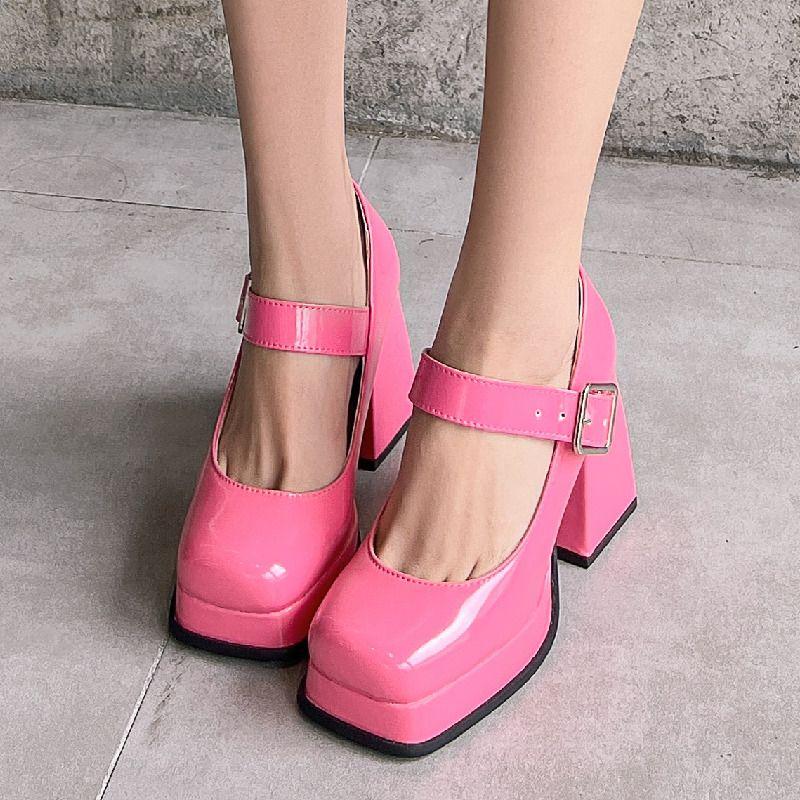 Women's High Heels Pumps Mary Janes Shoes Platform Pink Black Red Heeled Working Party Dance Wedding Shoes Female Spring