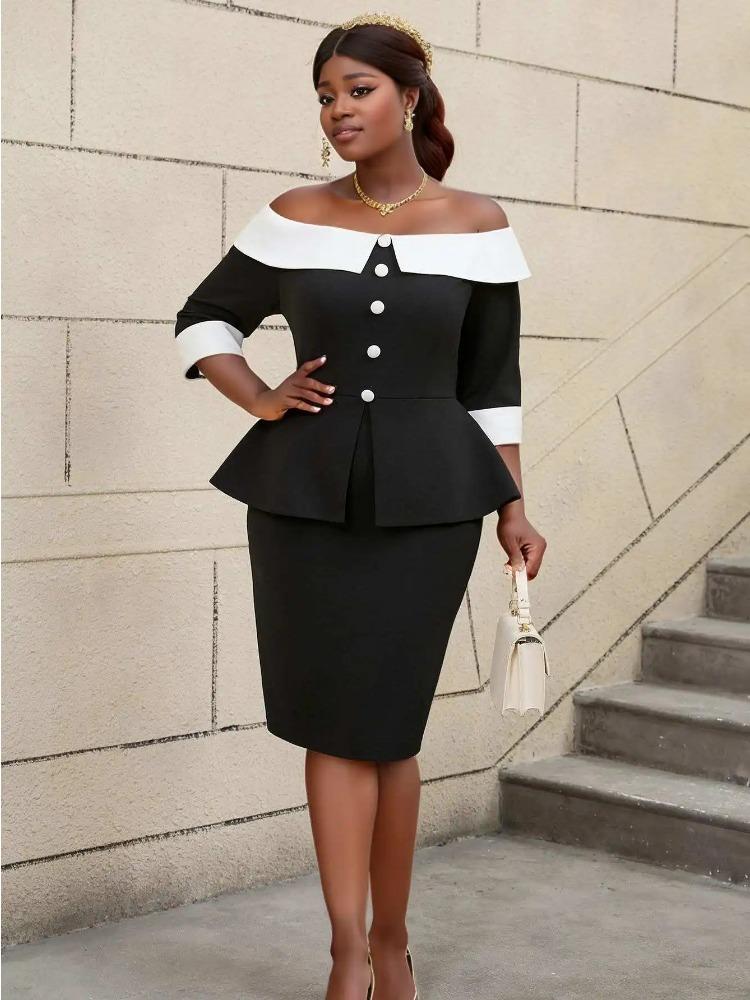 Elegant Off Shoulder Black Dress for Women Contrast Trim Button Detail Bodycon Midi Skirt Set Church Wedding Guest Formal Outfit