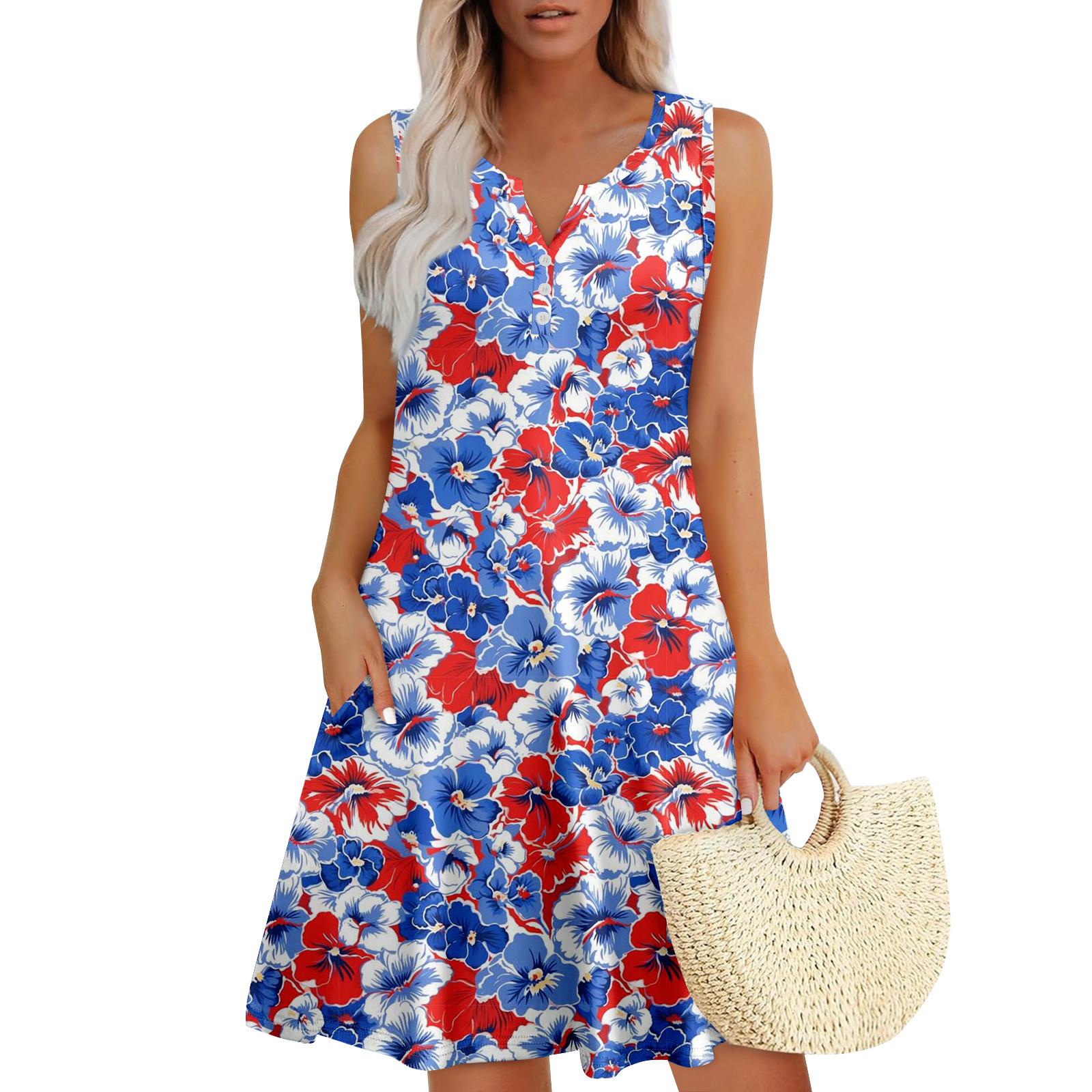 

Женские летние платья Свободные сарафаны без рукавов с V-образным вырезом Платье с карманами M