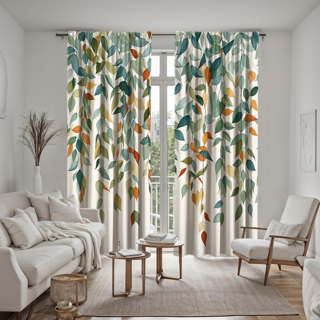 2pcs HD Digital Green Color Small Fresh Green Leaf Curtains Home Decorating Style Decoration Living Room Bedroom Rod Through