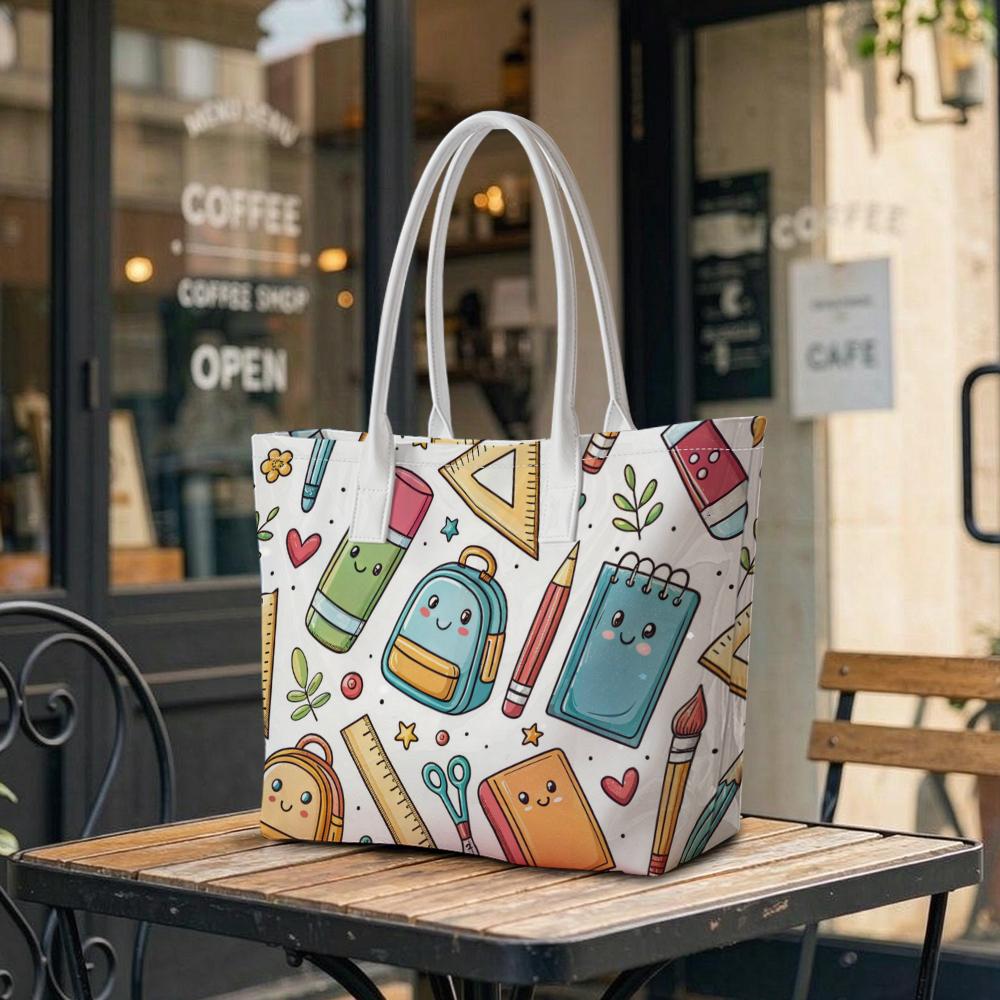 Cute School Pattern Tote Bag Large Capacity Portable Daily Use Shoulder Bag for Teens