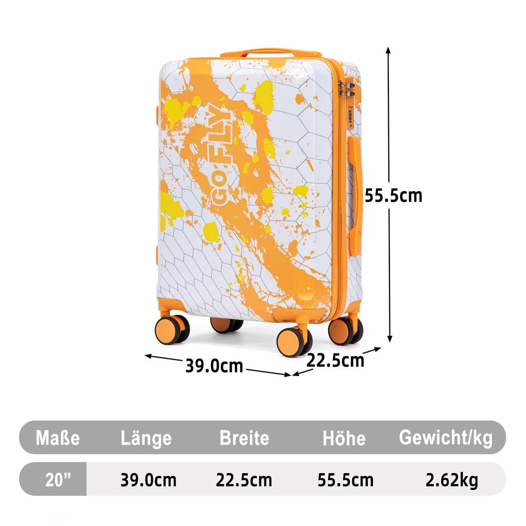 20-Inch PC Spinner Wheel Suitcase, Carry-On Suitcase, with Printed Pattern and Combination Lock (Orange)