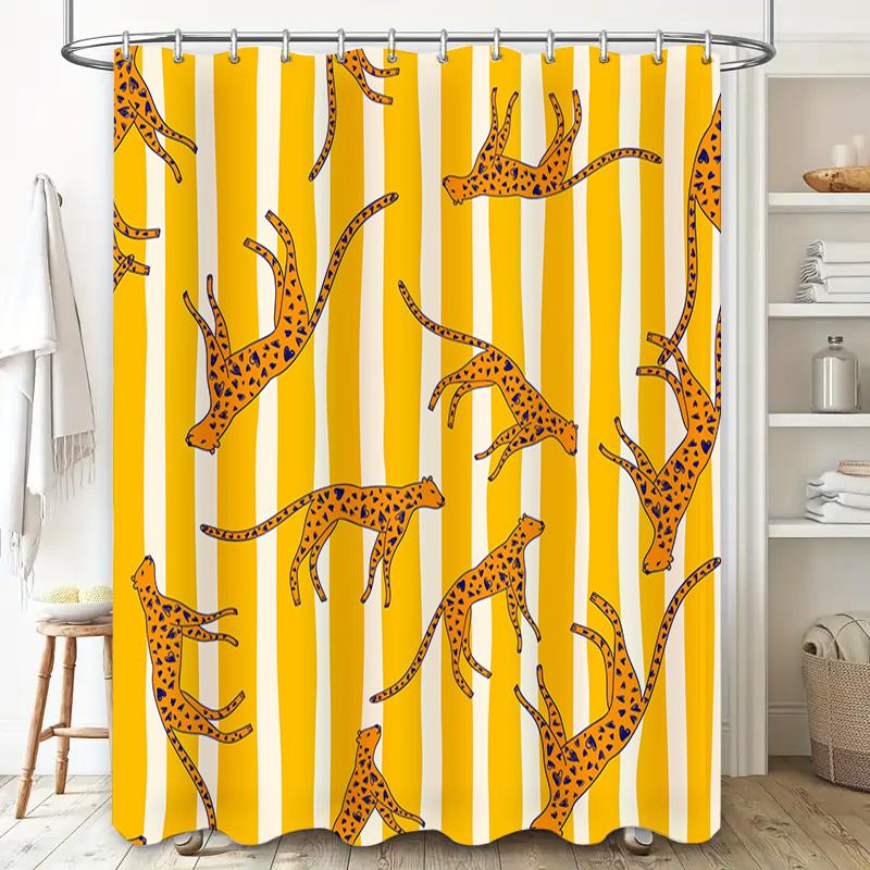 Yellow Striped Shower Curtain With Leaping Leopard Pattern Bathroom Decor For Home Decoration