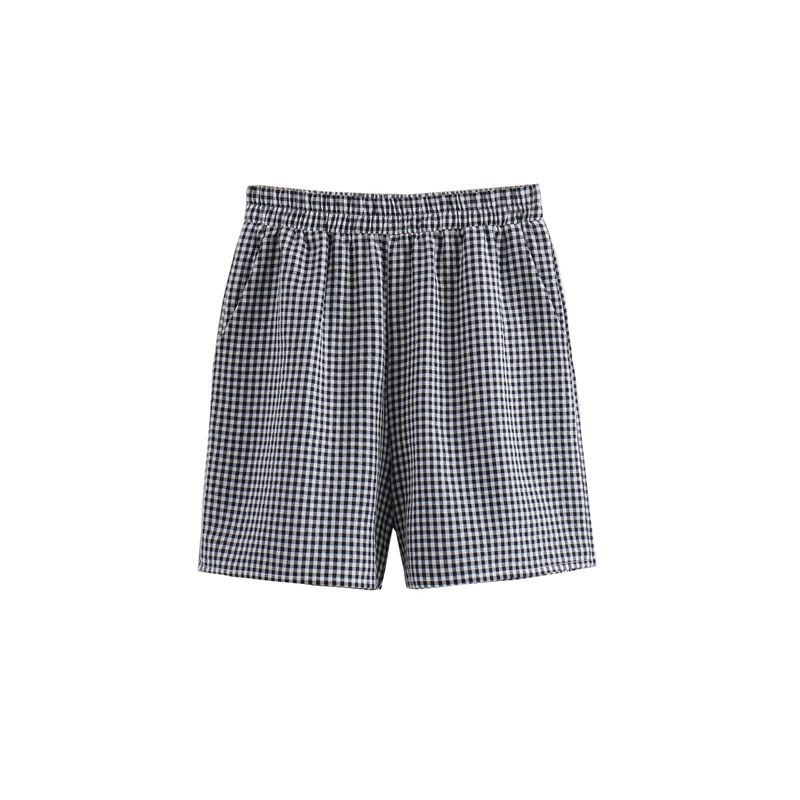 Spring New French Sweet Fashion V-neck Puff Sleeve Plaid Knotted Tops High Waist Casual Shorts