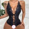 Sexy Dámské Body Průhledná vyhloubená krajka Mašlička Otevřený rozkrok Bez rukávů Sknny Nízký výstřih křížem na zádech nastavitelný popruh na špagety Svatba na líbánky