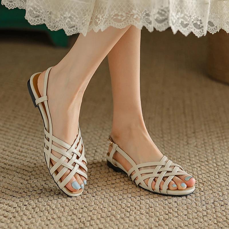 Fashion 2024 Hot Sale Ladies Shoes Peep Toe Women's Sandals Outdoor Daily Sandals Women Narrow Band Buckle Strap Flat with Shoes Women