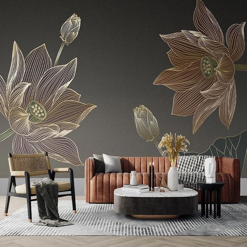 Mural Line Drawing Lotus Flowers Wallpaper Light Luxury 3D Relief Carving Mural Living Room Background Wall Paper