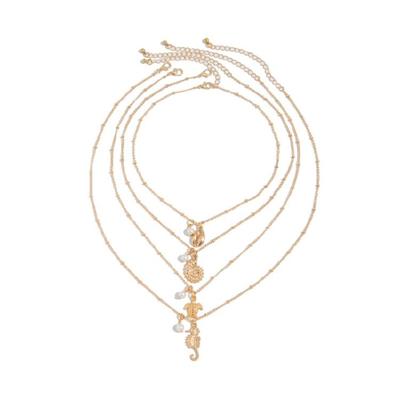 4pcs Stackable Beachwear Jewelry Tortoise Seahorse Pendant Necklace for Women Lightweight Iron Alloy Chain Jewelry