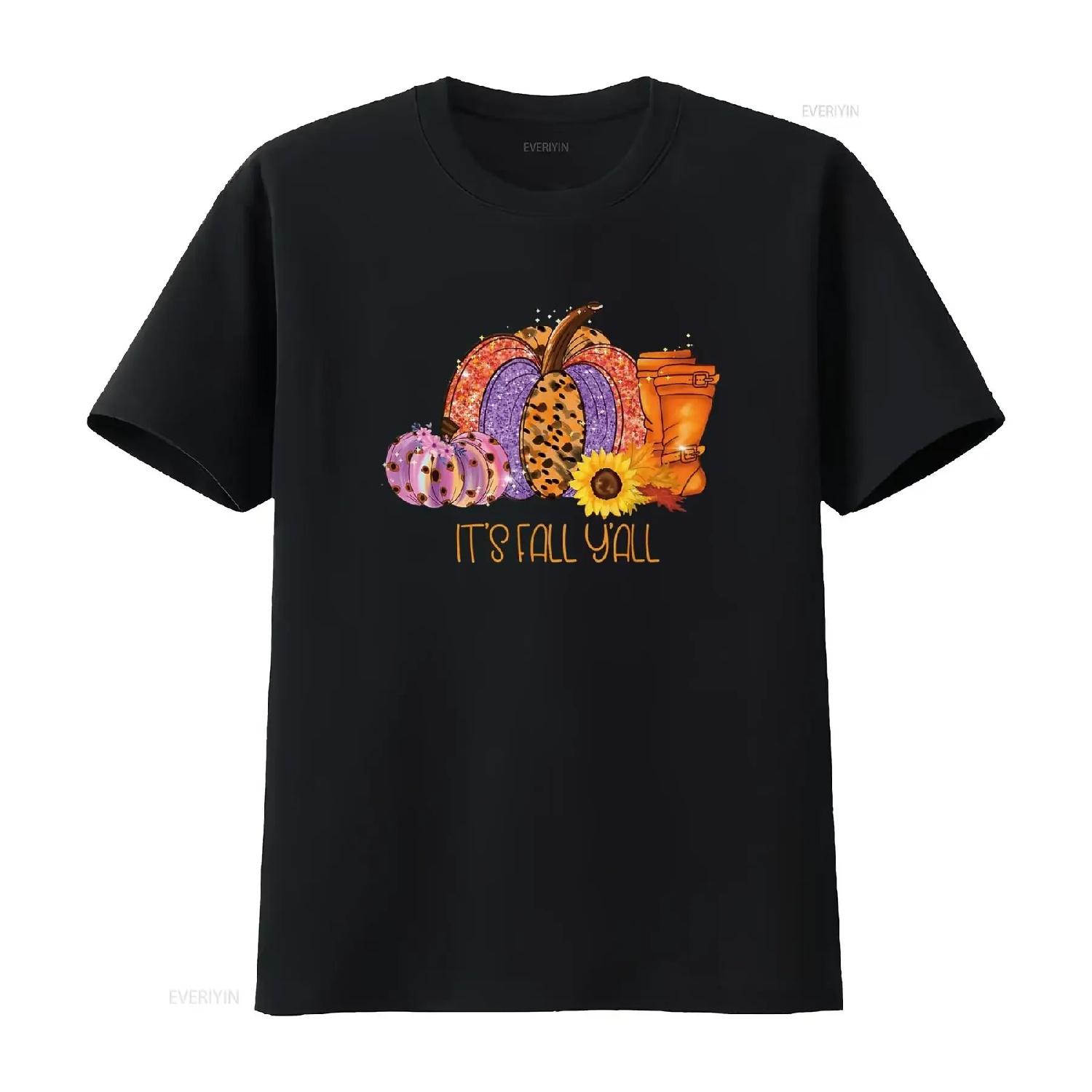 Thanksgiving Leopard Pumpkin Sunflowers It s Fall Y all T Shirt vintage Washed Slightly Casual Unisex Breathable Stretched S чёрный