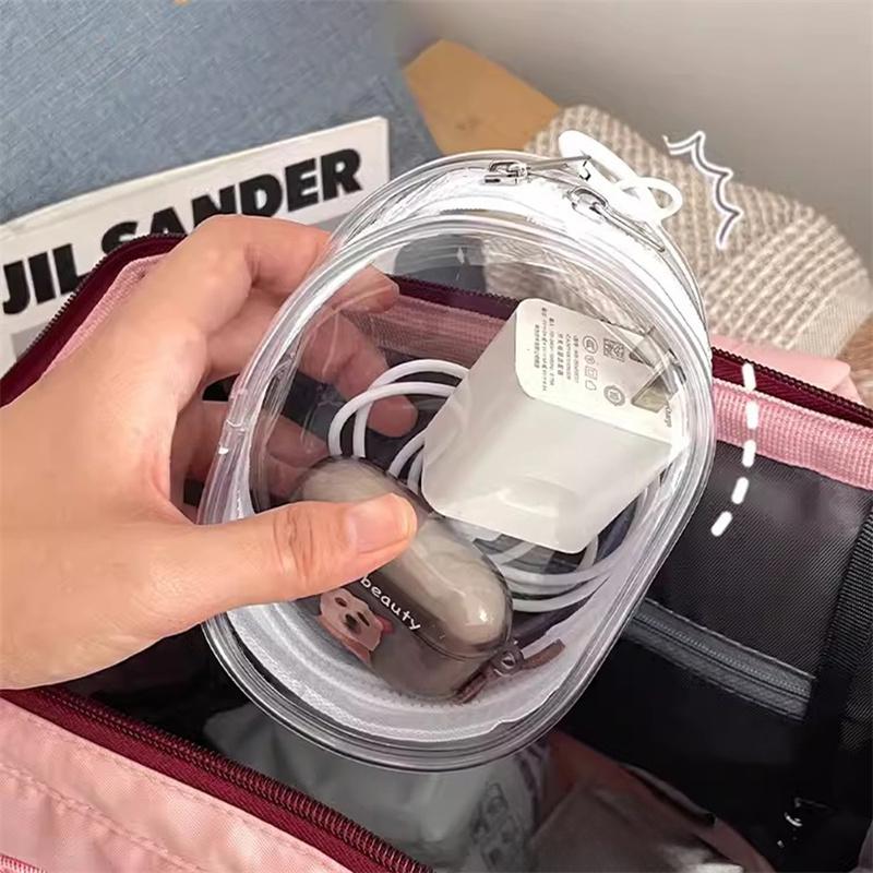 2pcs New Round Black PVC Transparent Cosmetic Bags Jewelry Organizer Portable Data Cable Earphone Coin Charger Storage Pouches