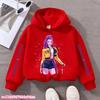 Stylish long sleeve kids hoodie with modern pop art girl illustration print, loose comfy fit for school and weekend family outdoor trips in cool fall.