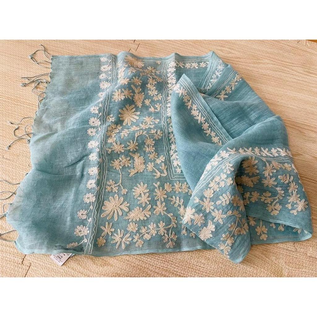 Used Floral embroidered stole light blue