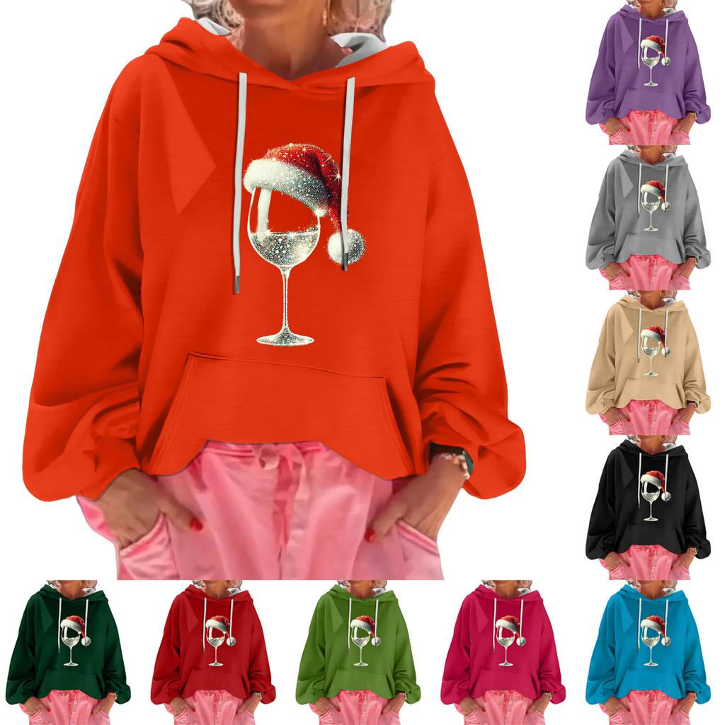 Women's Christmas Print Loose Casual Long Sleeve Hooded Sweatshirt