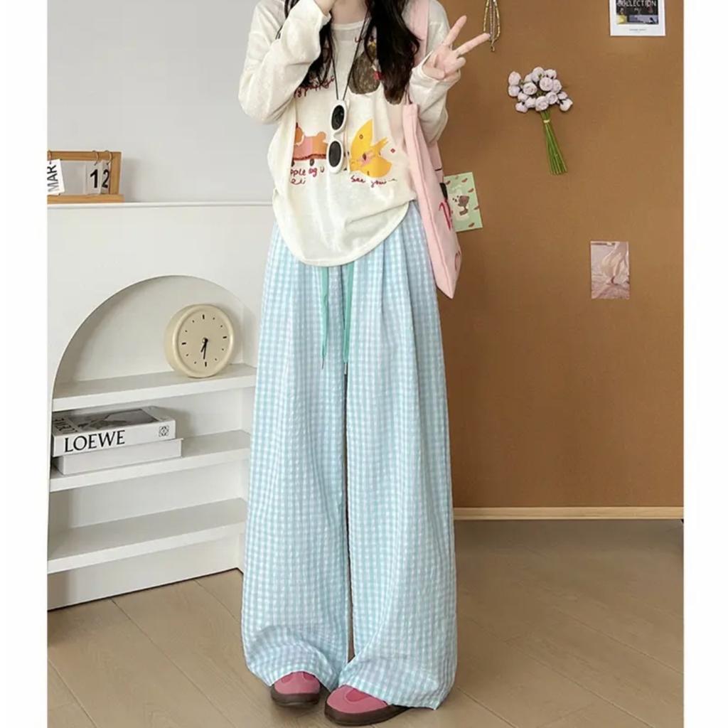 Women's High Waist Plaid Wide Leg Pants Loose Fit Casual Comfy Summer Lounge Trousers