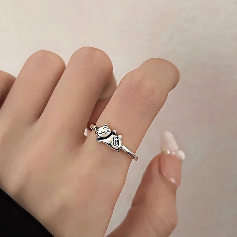 Adjustable Cat Ring Women Men Cute Lucky Finger Minimalist Open Band Vintage Style Copper Jewelry