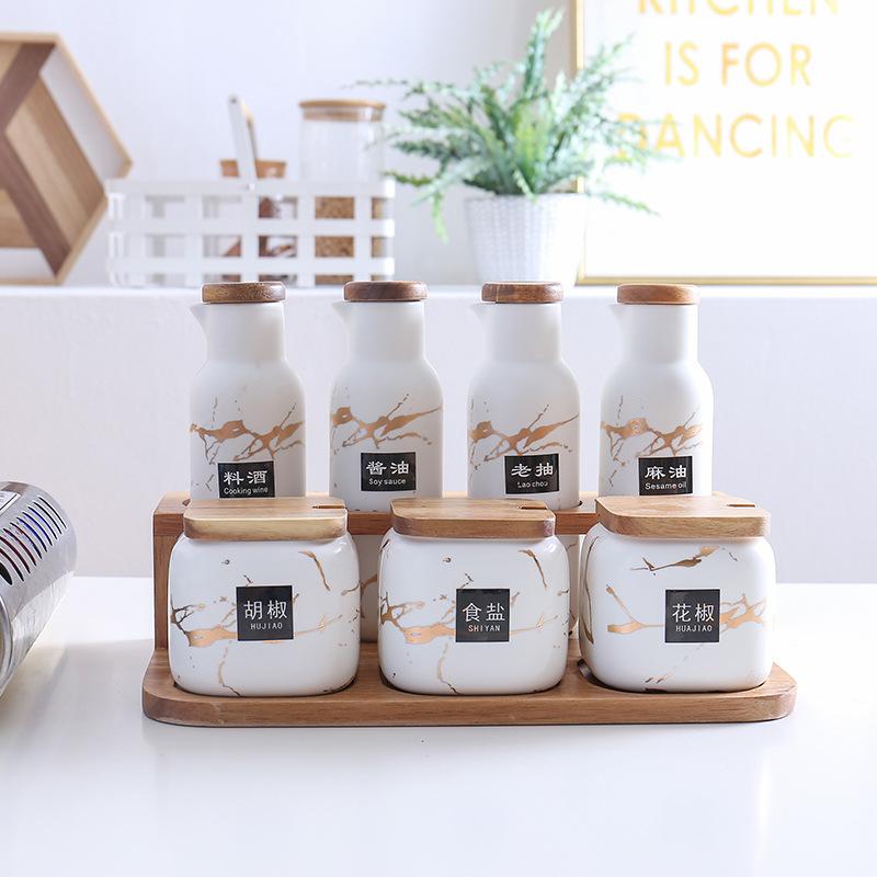 Kitchen Seasoning Box Set Oil Bottle Combination Creative Household Double Ceramic Seasoning Jar Salt Jar Seasoning Bottle