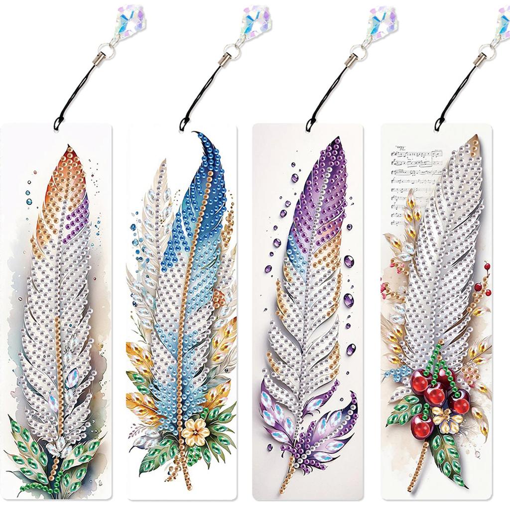 4Pcs Special Shape Beautiful Feathers 5D DIY Diamond Painting Bookmark DIY Bookmarks Diamond Painting Kits for Adults Beginners
