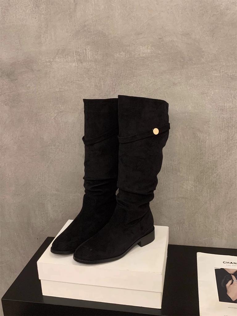 Cowhide version autumn new retro pointed thin suede pleated piled boots high boots women