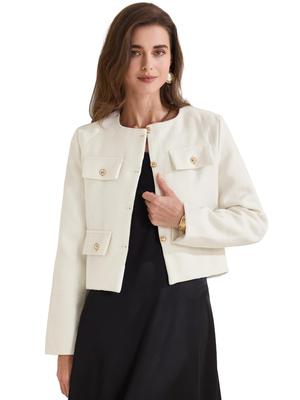 Allegra K Women's Cropped Tweed Jacket, Long Sleeve Button-Down, Fall/Winter, Commuter/Business Blazer, White, Size XS