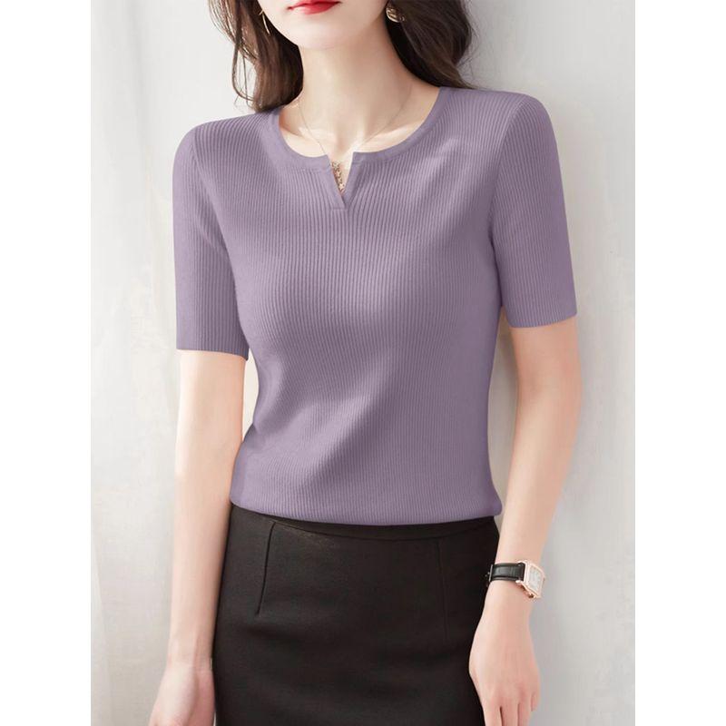 

Весна Лето Универсальная Мода В рубчик Маленький V-образный вырез Футболка с коротким рукавом Облегающий крой Трикотаж Новый Тонкий Темпераментный Топ Женская одежда Clove purple 3XL