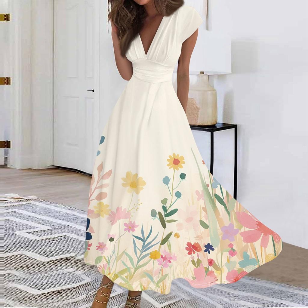 Women's Long Casual Dress Summer Short-Sleeve V-Neck Waist Retraction Printed Dress