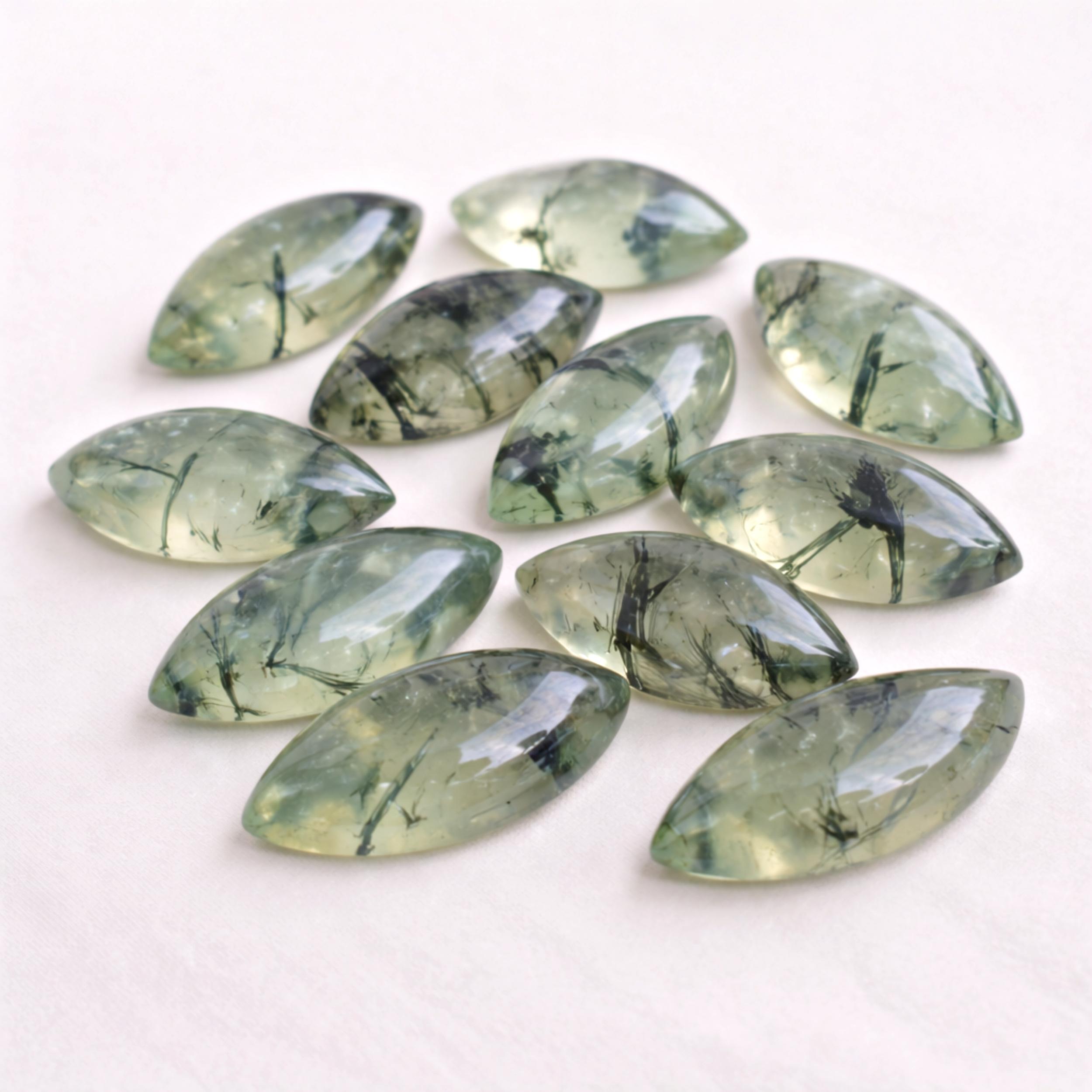 Рутиловый Пренит, Натуральный Рутиловый Пренит формы маркиз, кабошон из калиброванного драгоценного камня с плоским дном 5x10mm зелёный