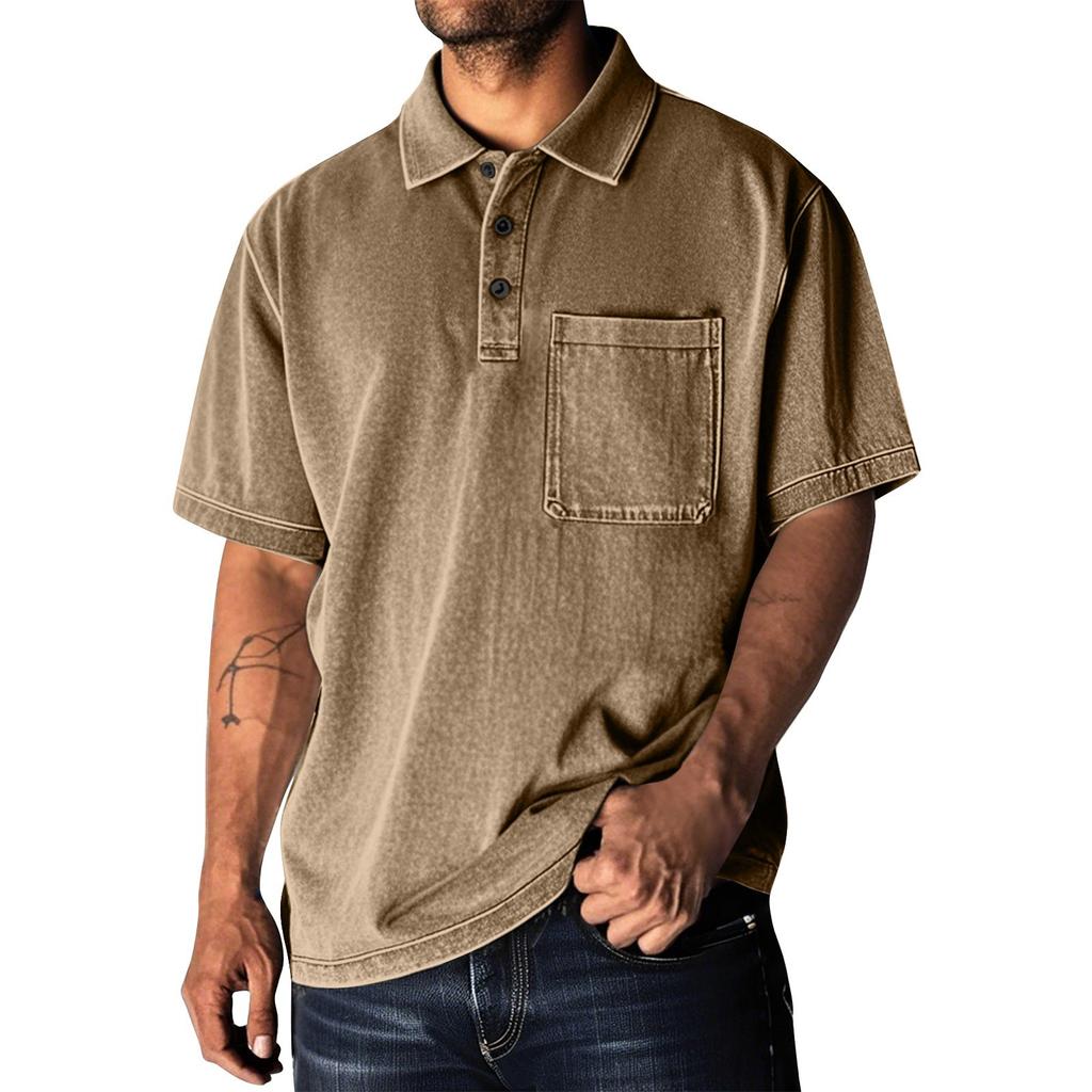 Men's Summer Solid Color Washed Button Collar Loose Short Sleeve Top