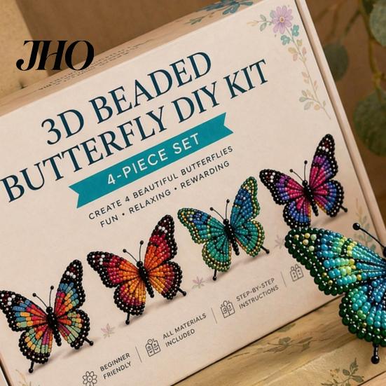 Entspannende Bastelprojekte 3D Perlen Schmetterling Set, Kleines Tier DIY Handgemachtes Kunst Set für Erwachsene mit Anleitung, Süßes 4er-Pack Schmetterlinge Perlenstickerei