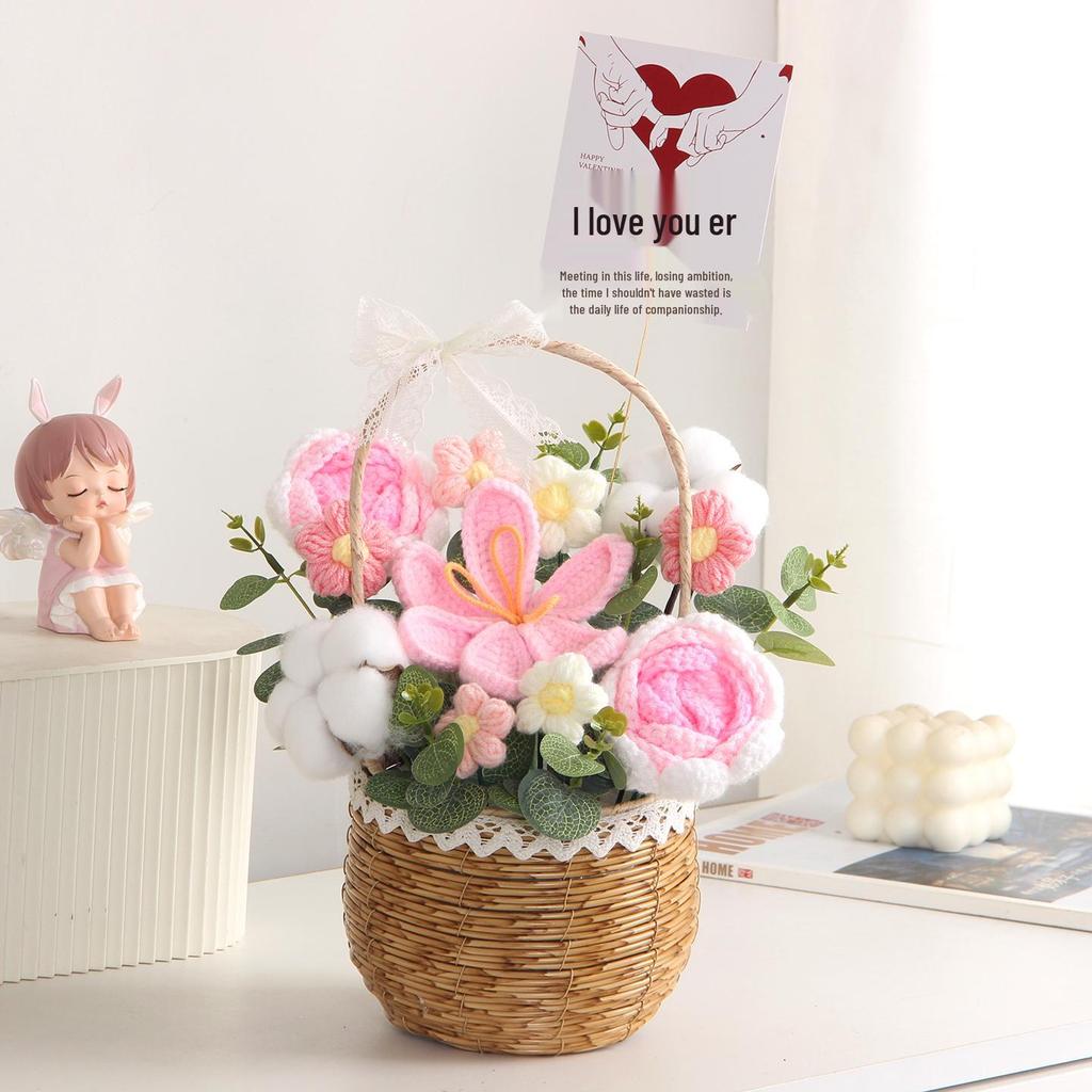 Sonnenblumen Gestrickter Wollstrauß in Handkorb - Geburtstag, Feiertag, Lehrertag, Abschlussgeschenk