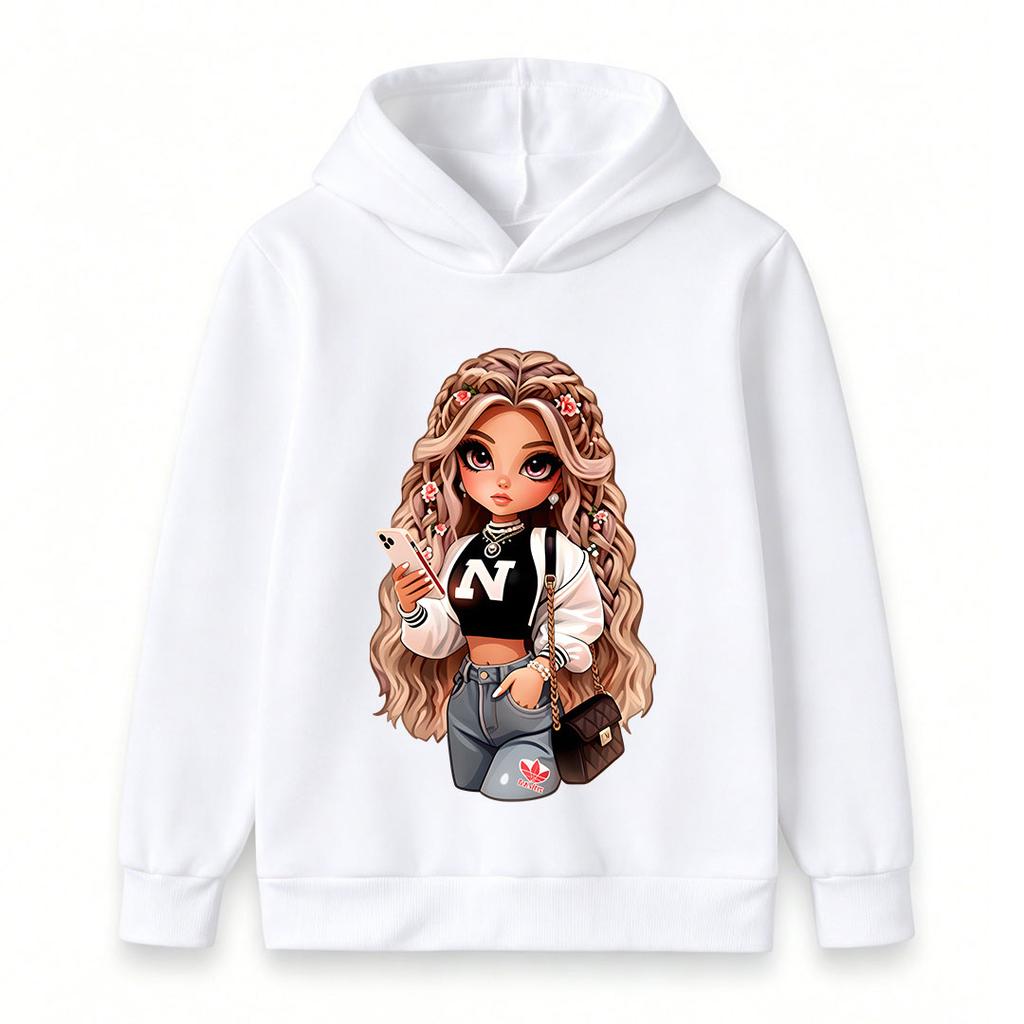 Kids Girls Boys Cute Cartoon Doll Print Pullover Hoodie, Cozy Long Sleeve Casual Sweatshirt For Daily Wear School Street Hip Hop Style Tops For